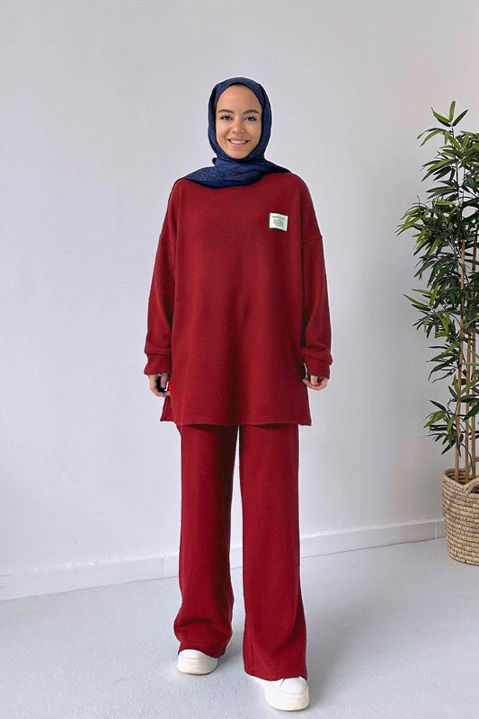 Wide Leg Knitwear Suit - Claret Red