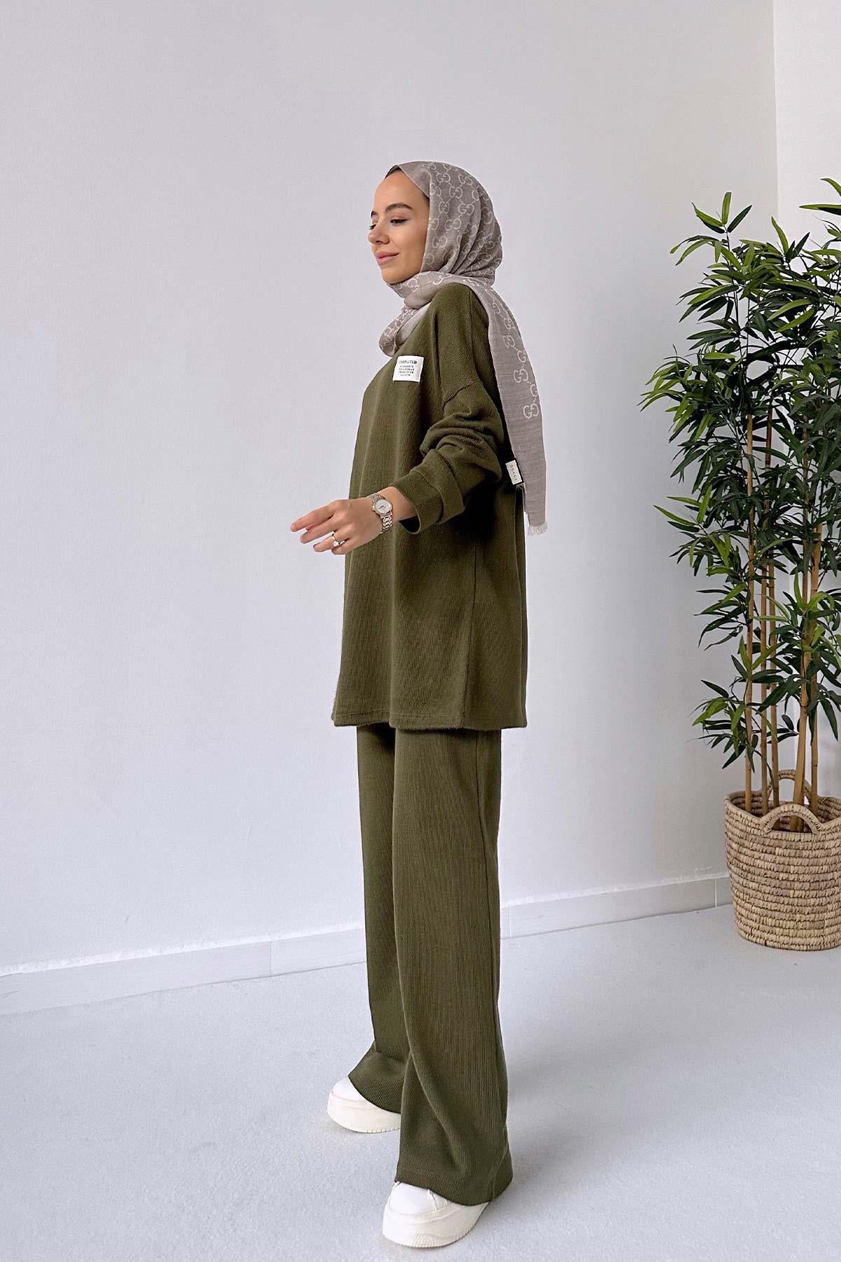 Wide Leg Knitwear Suit - Khaki