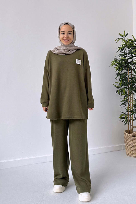 Wide Leg Knitwear Suit - Khaki