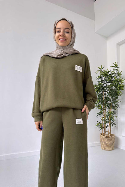 Wide Leg Knitwear Suit - Khaki