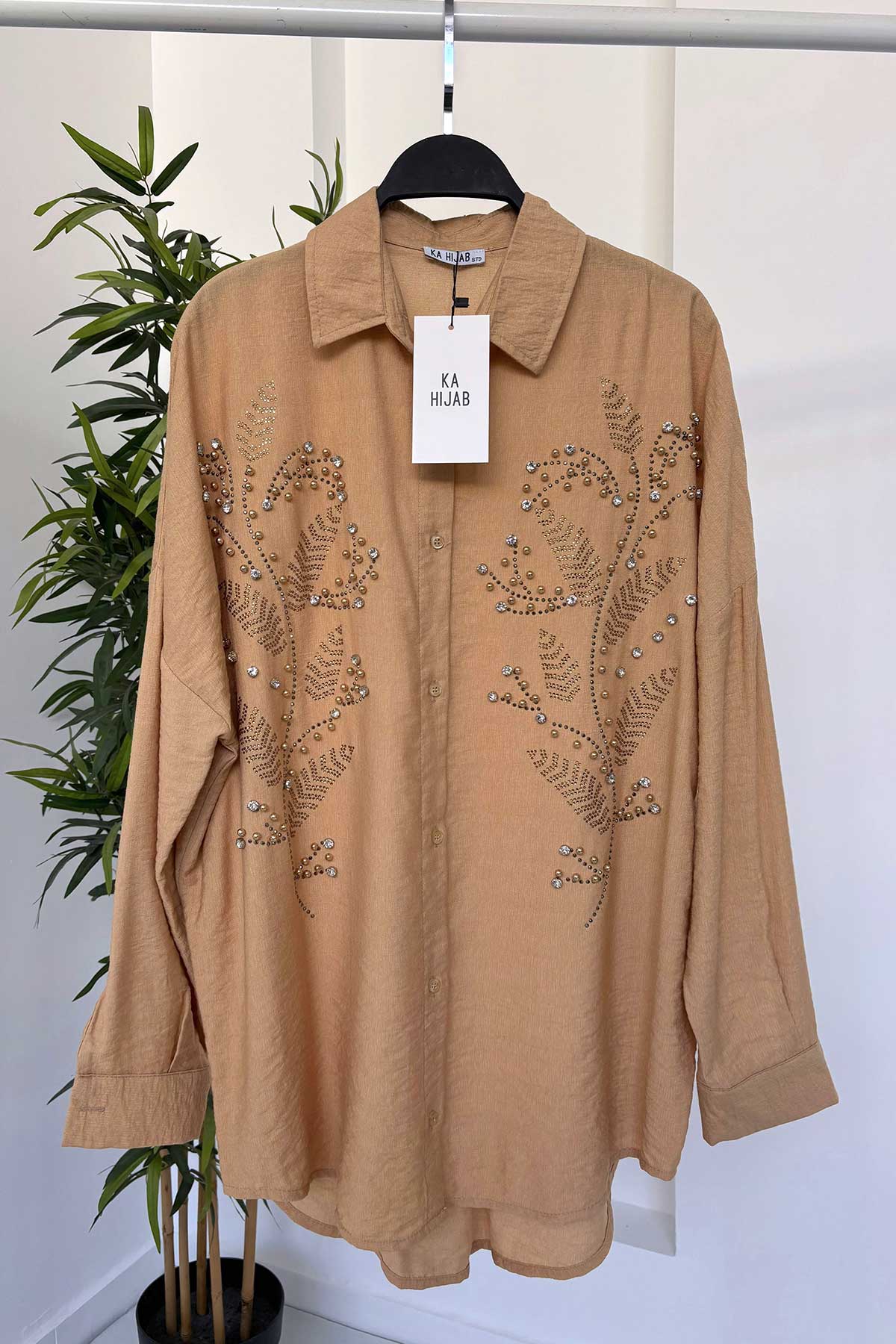 Oversized Linen Shirt With Stone Embroidery - Camel