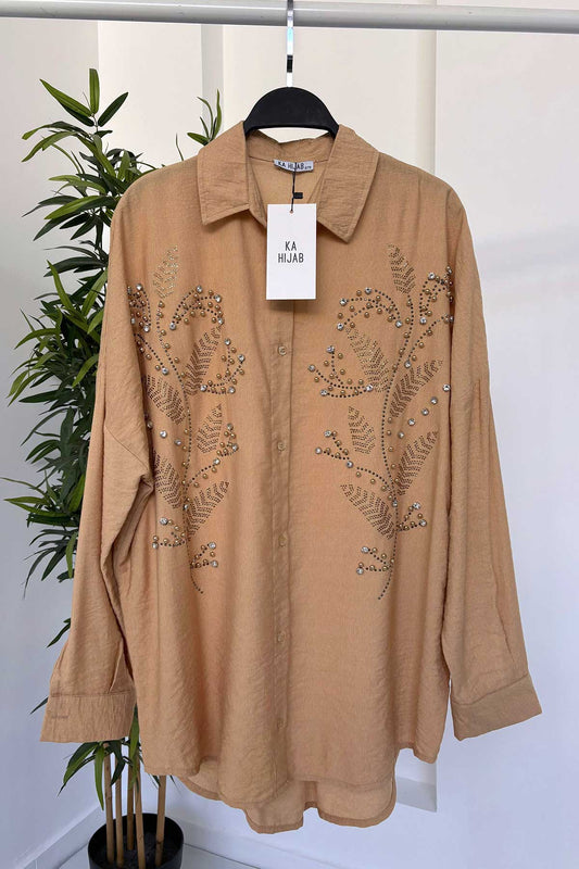 Oversized Linen Shirt With Stone Embroidery - Camel