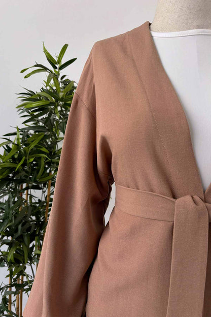 Long Belted Linen Kimono - Camel