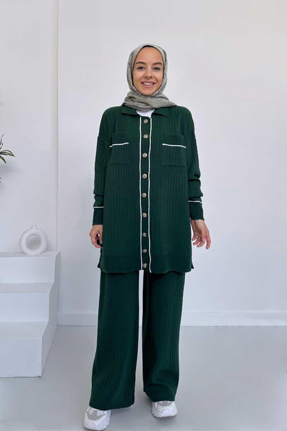 Double Pocket Button Detail Double Knitwear Set - Emerald Color