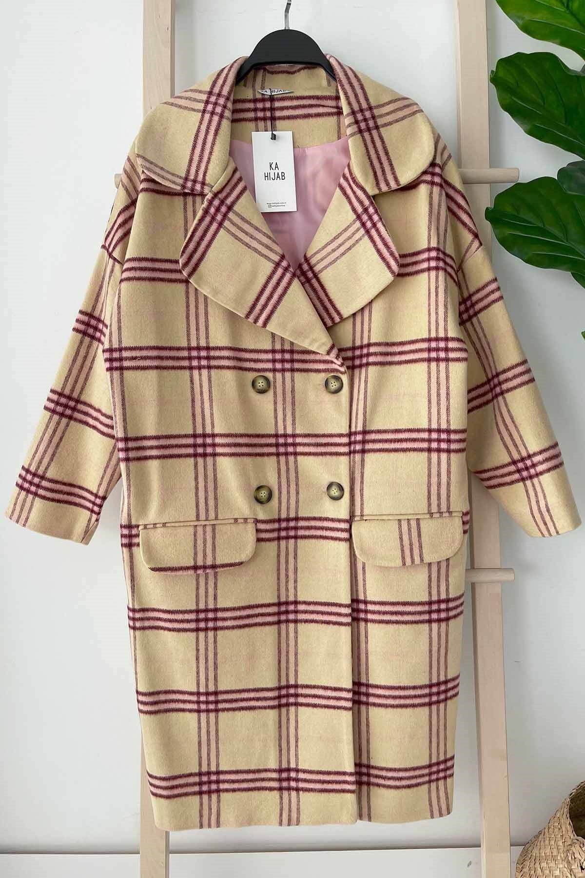 Double Pocket Plaid Cachet Coat - Beige