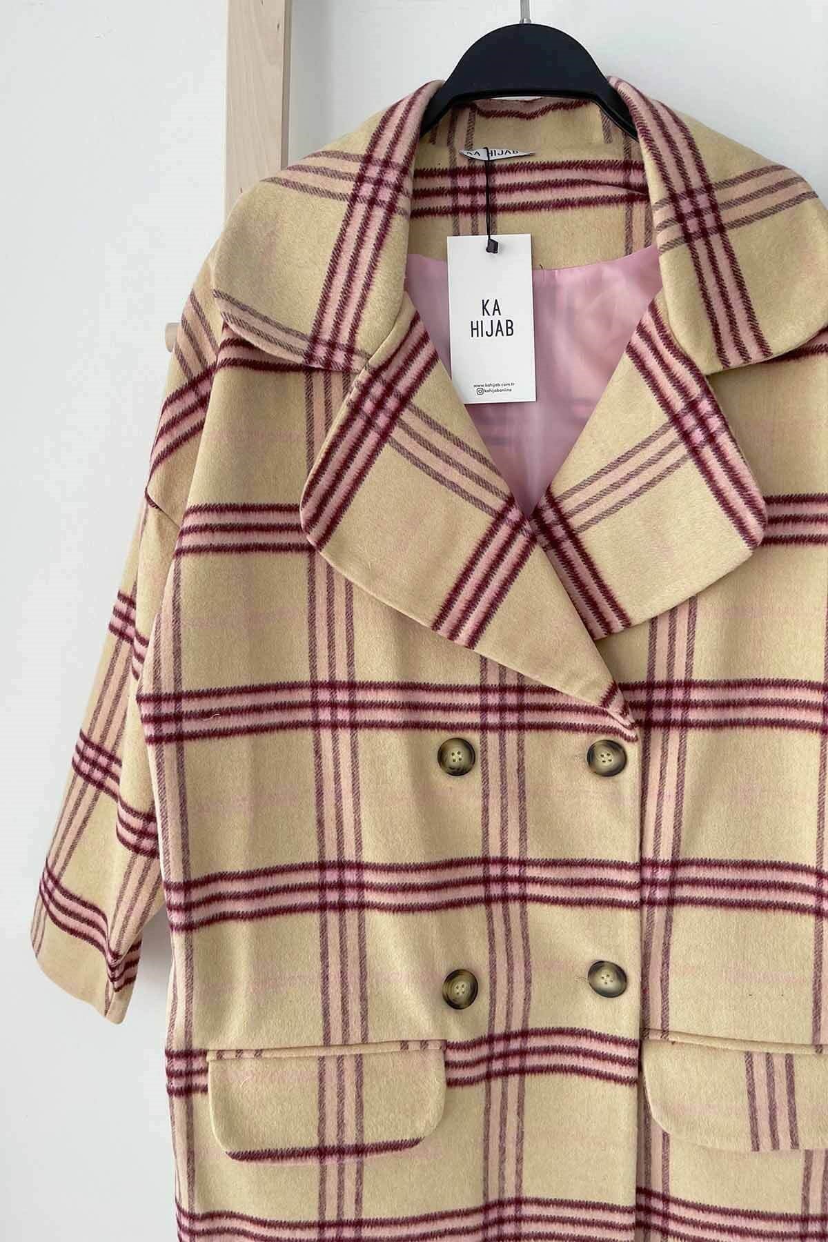 Double Pocket Plaid Cachet Coat - Beige