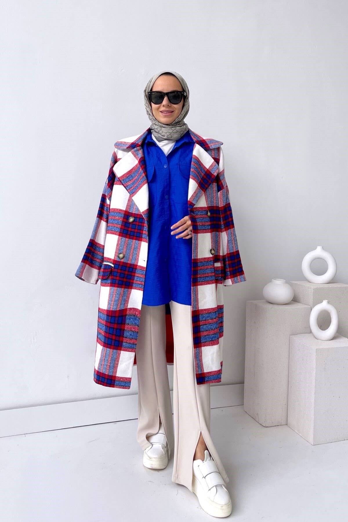 Double Pocket Plaid Cachet Coat - White