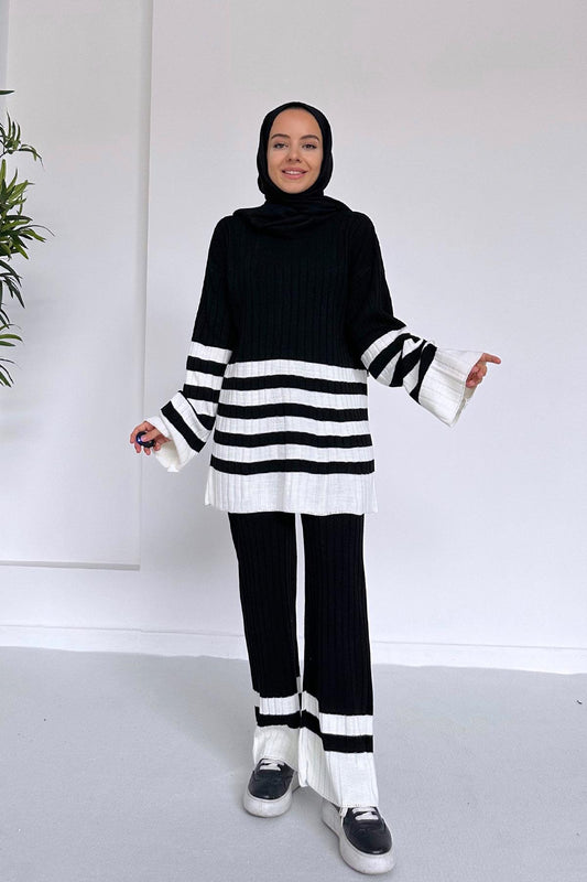 Double Color Striped Knitwear Suit - Black