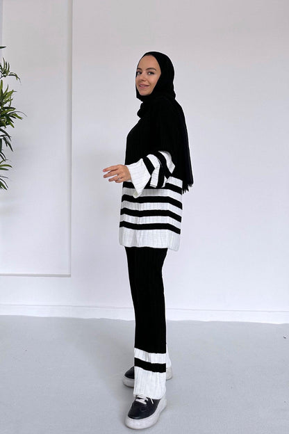 Double Color Striped Knitwear Suit - Black