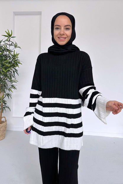 Double Color Striped Knitwear Suit - Black