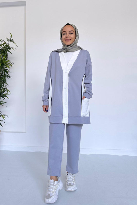 Double Color Cardigan Suit - Grey