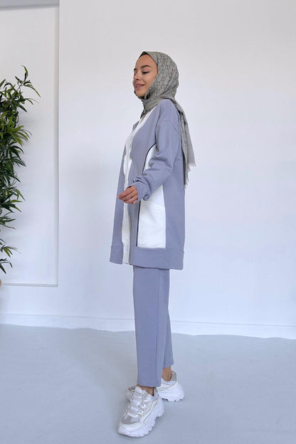 Double Color Cardigan Suit - Grey