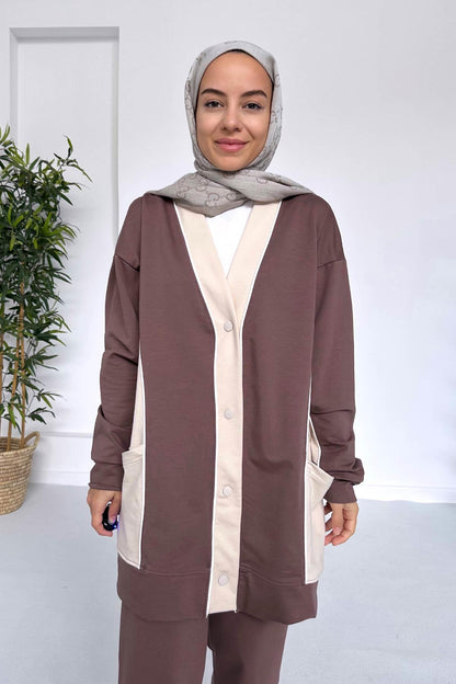 Double Color Cardigan Suit - Brown