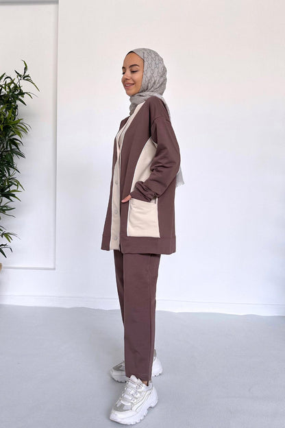 Double Color Cardigan Suit - Brown