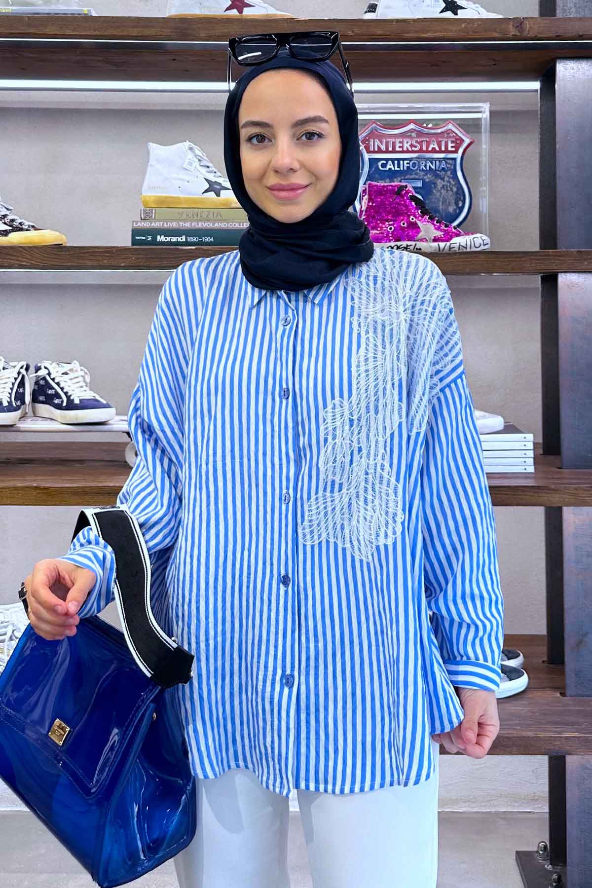 Lace Detail Striped Shirt - Blue