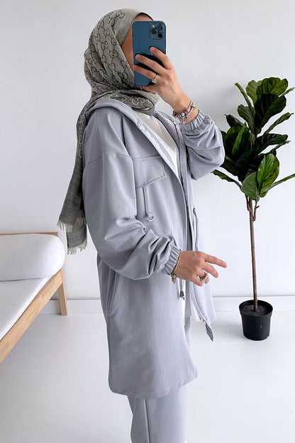 Zipper Closure Hoodie Suit - Grey