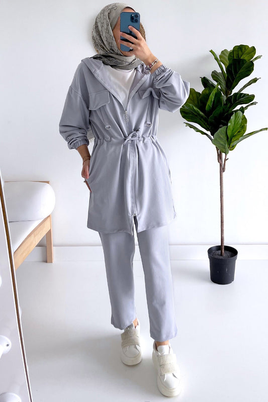 Zipper Closure Hoodie Suit - Grey