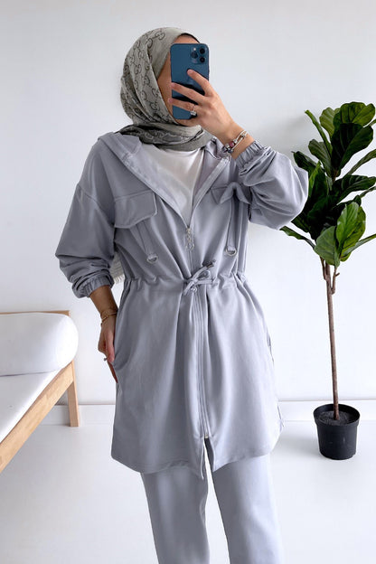 Zipper Closure Hoodie Suit - Grey