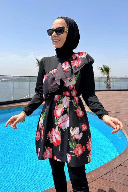 Tulip Ruffle Detail Hijab Swimsuit/Burkini - Black