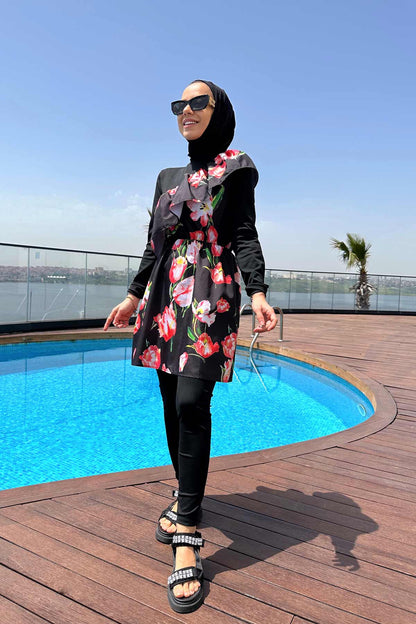 Tulip Ruffle Detail Hijab Swimsuit/Burkini - Black