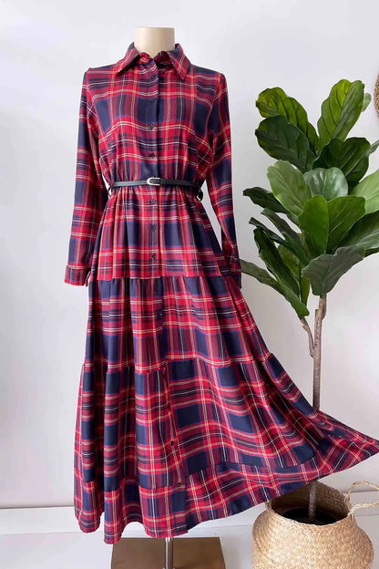 Plaid Dress with Front Buttons - Red