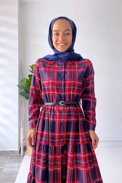 Plaid Dress with Front Buttons - Red