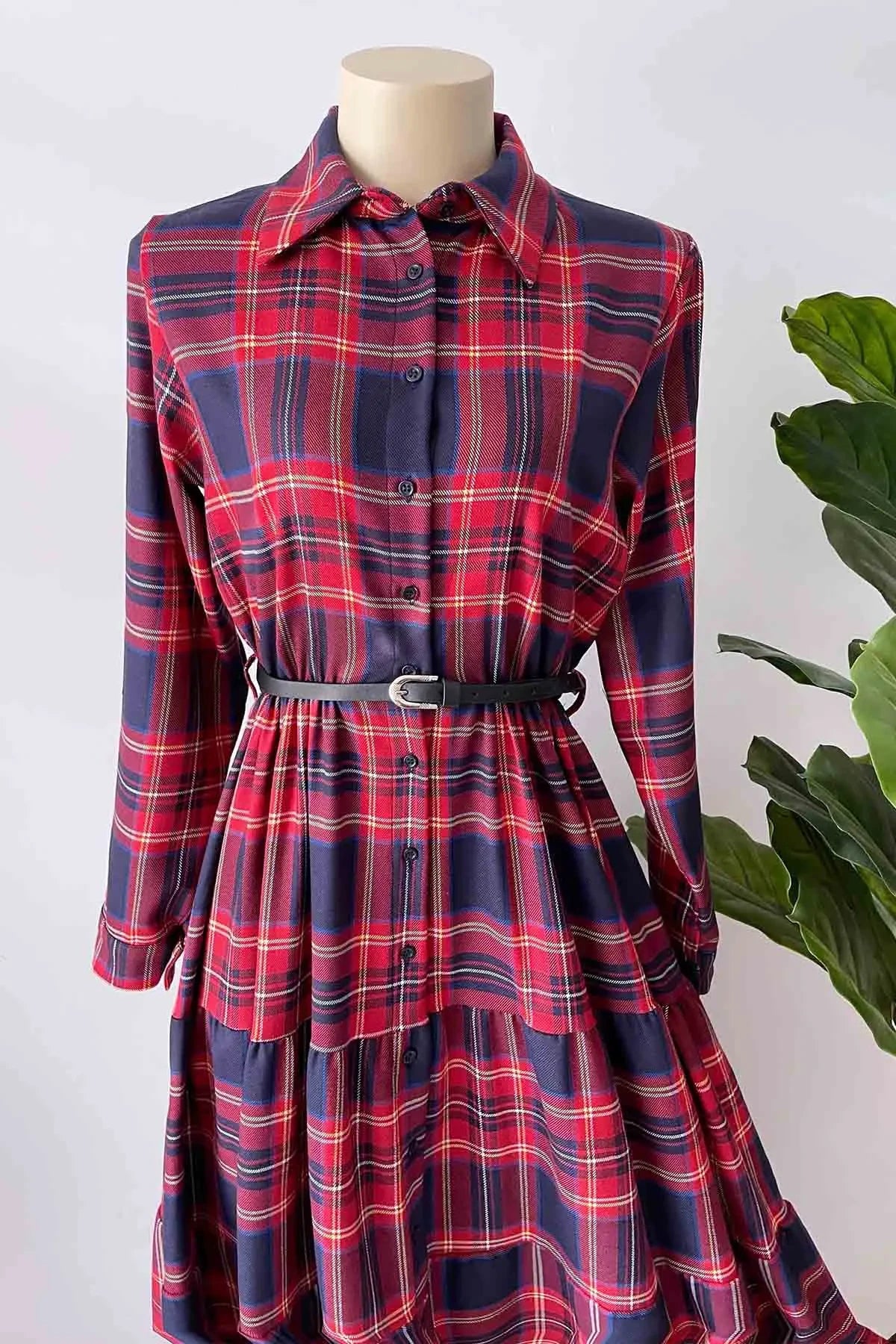 Plaid Dress with Front Buttons - Red