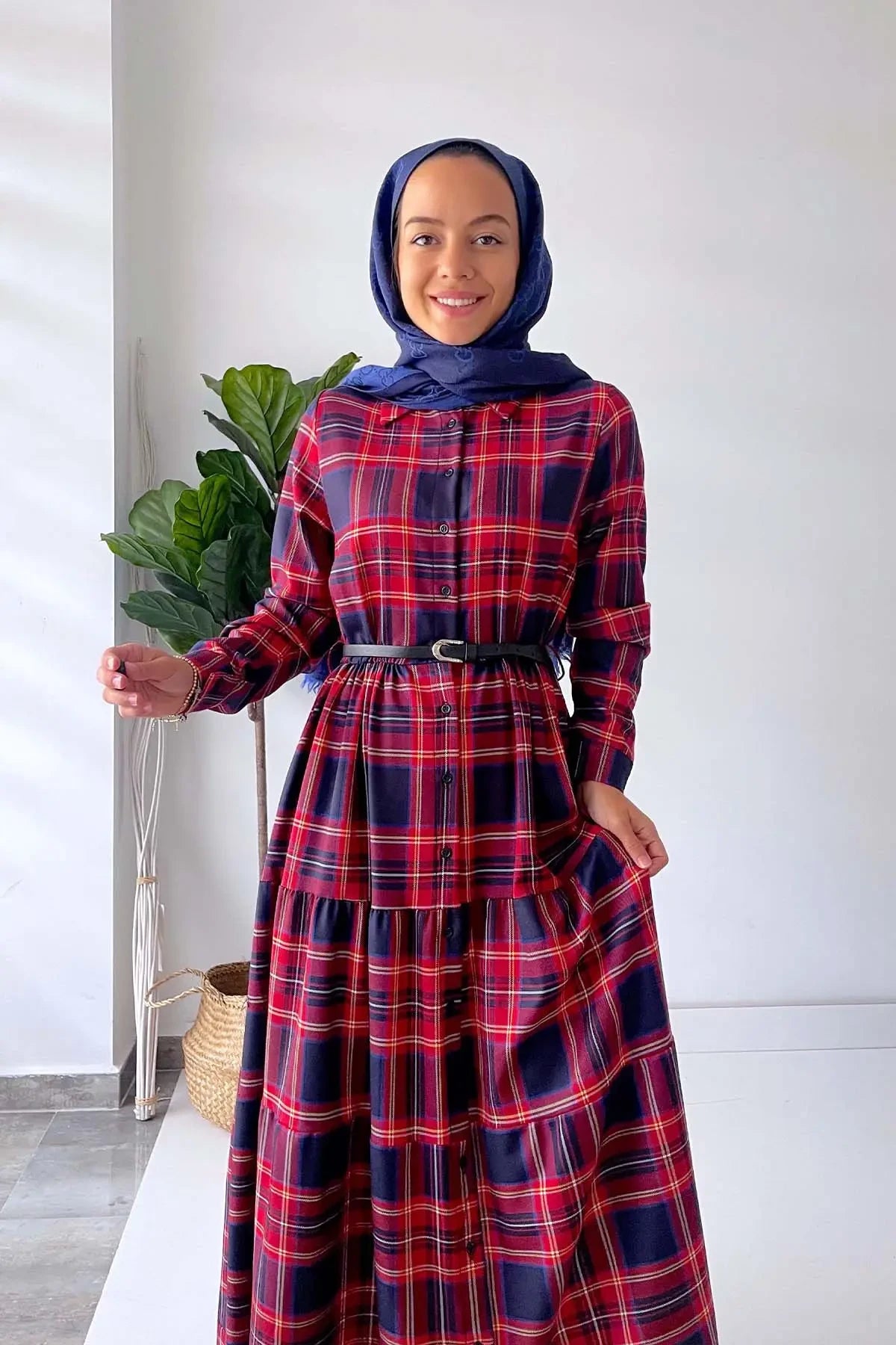 Plaid Dress with Front Buttons - Red