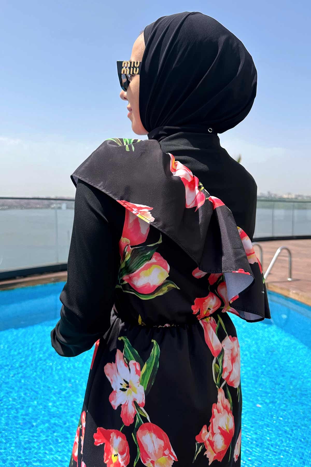 Tulip Ruffle Detail Hijab Swimsuit/Burkini - Black