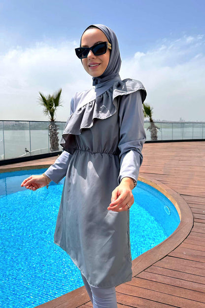 Ruffle Detail Hijab Swimsuit/Burkini - Grey