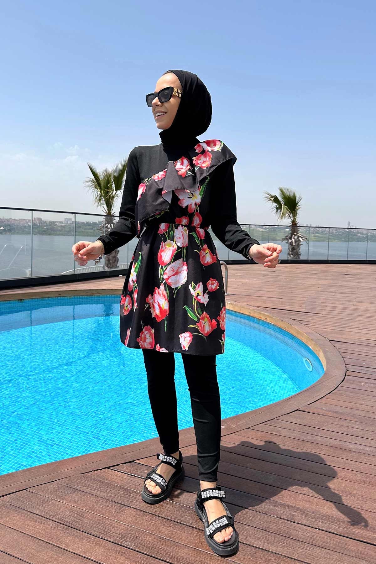 Tulip Ruffle Detail Hijab Swimsuit/Burkini - Black