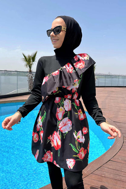 Tulip Ruffle Detail Hijab Swimsuit/Burkini - Black