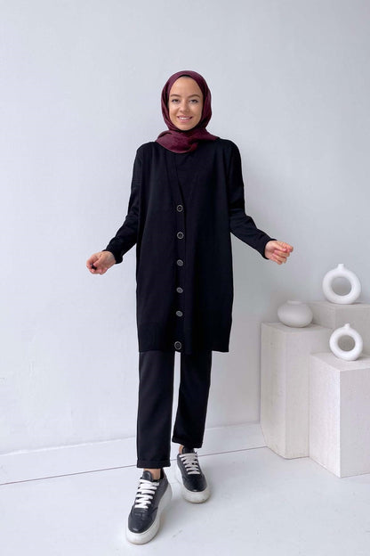 Mercerized Cardigan with Button Wick - Black