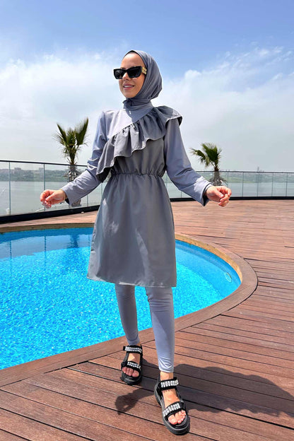 Ruffle Detail Hijab Swimsuit/Burkini - Grey