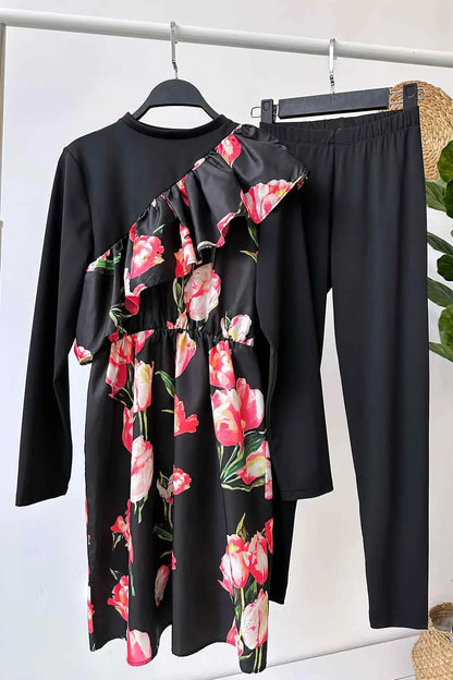 Tulip Ruffle Detail Hijab Swimsuit/Burkini - Black