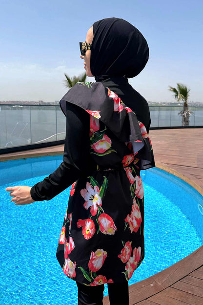 Tulip Ruffle Detail Hijab Swimsuit/Burkini - Black