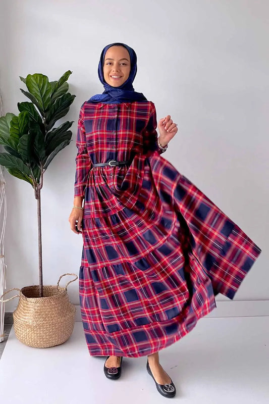 Plaid Dress with Front Buttons - Red