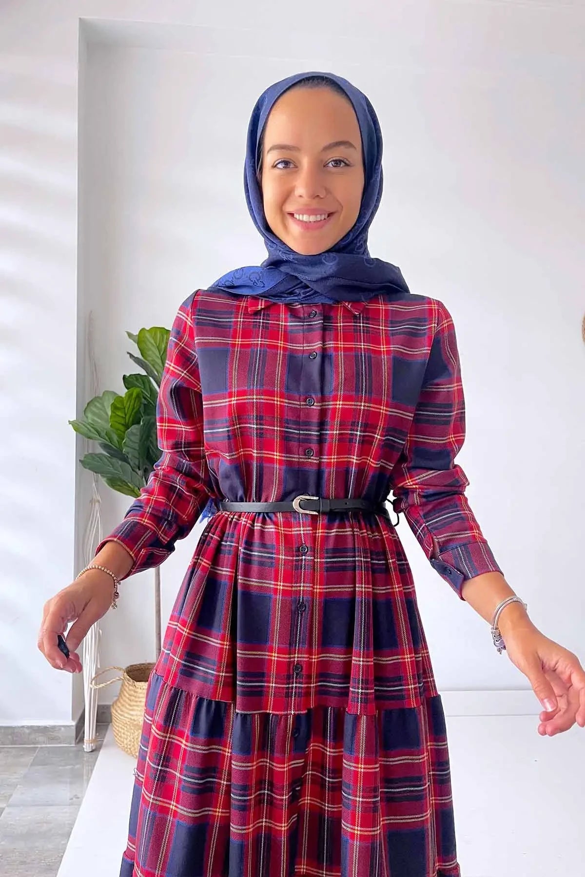 Plaid Dress with Front Buttons - Red