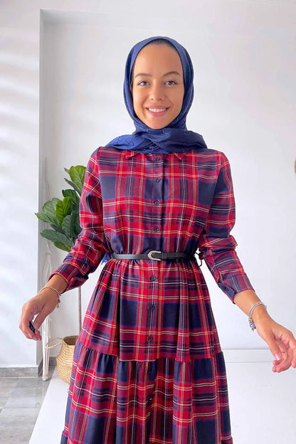 Plaid Dress with Front Buttons - Red