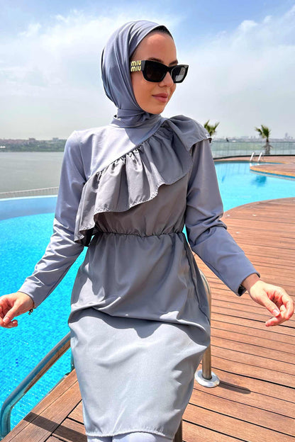 Ruffle Detail Hijab Swimsuit/Burkini - Grey