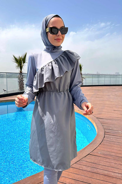 Ruffle Detail Hijab Swimsuit/Burkini - Grey