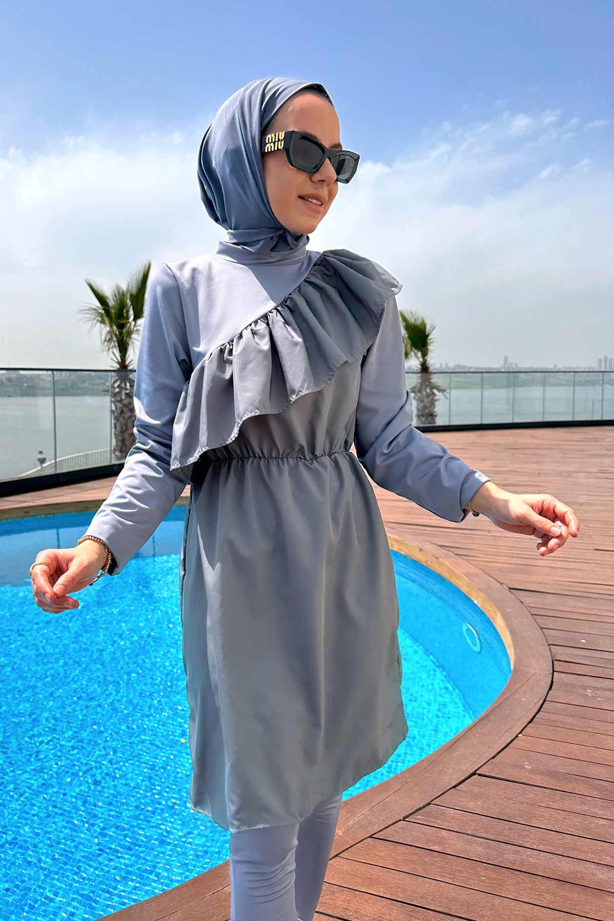 Ruffle Detail Hijab Swimsuit/Burkini - Grey