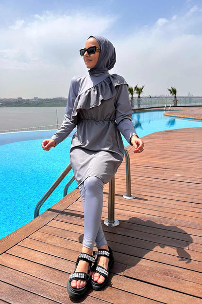 Ruffle Detail Hijab Swimsuit/Burkini - Grey