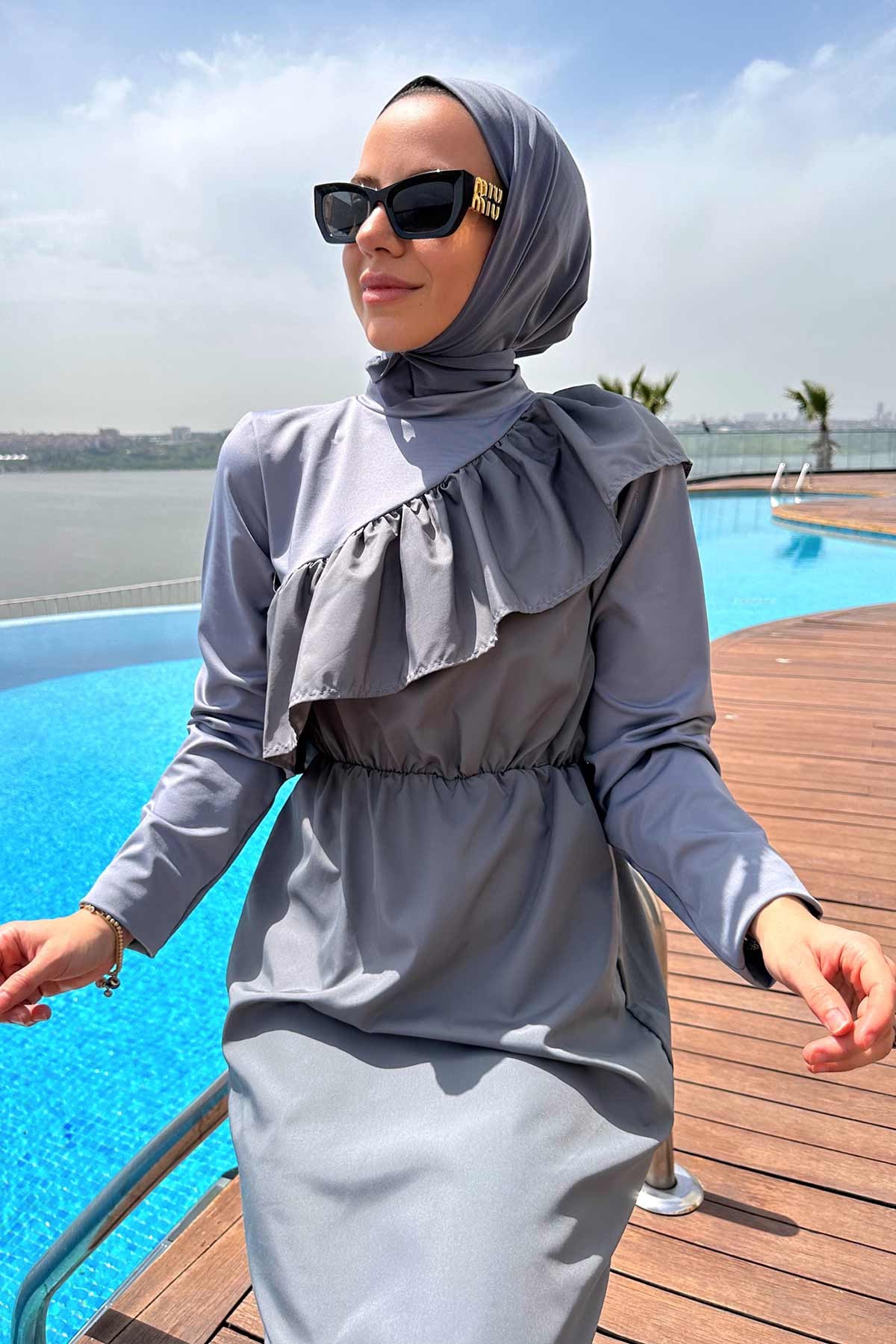 Ruffle Detail Hijab Swimsuit/Burkini - Grey