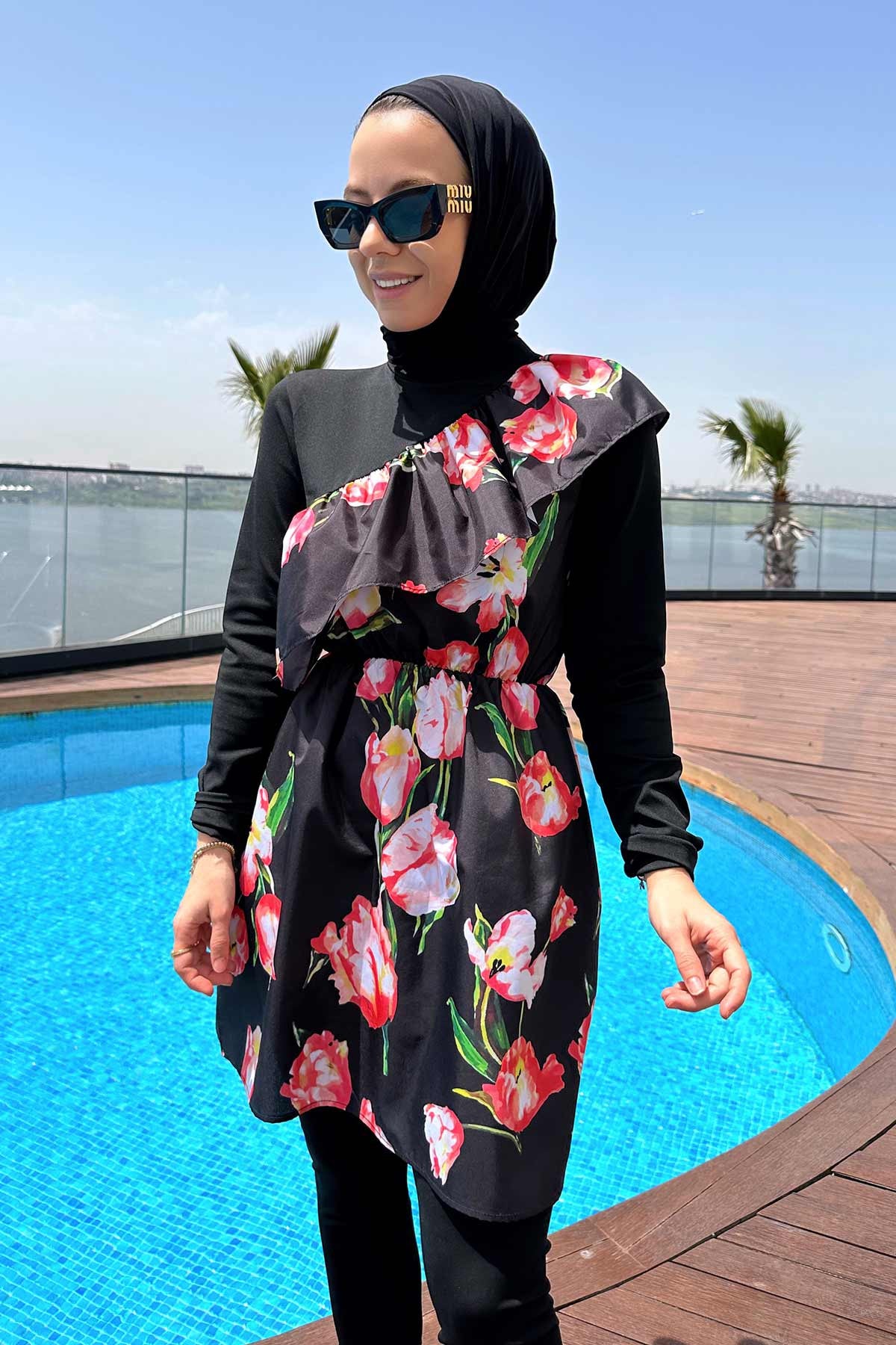 Tulip Ruffle Detail Hijab Swimsuit/Burkini - Black