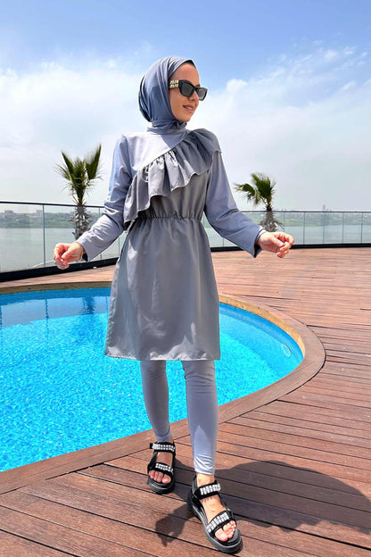 Ruffle Detail Hijab Swimsuit/Burkini - Grey