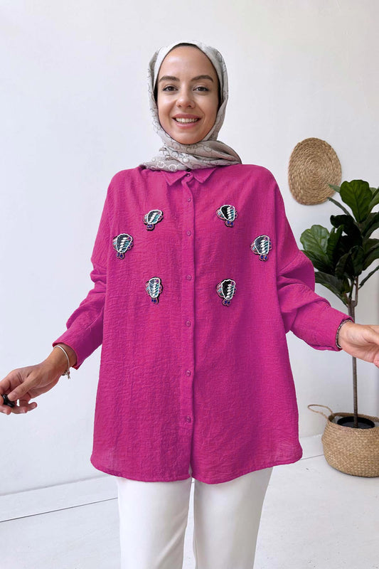 Fish Embroidered Linen Shirt - Fuchsia