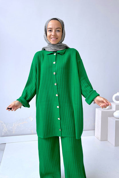 Shirt Collar Ribbed Woolen Knitwear Suit - Green