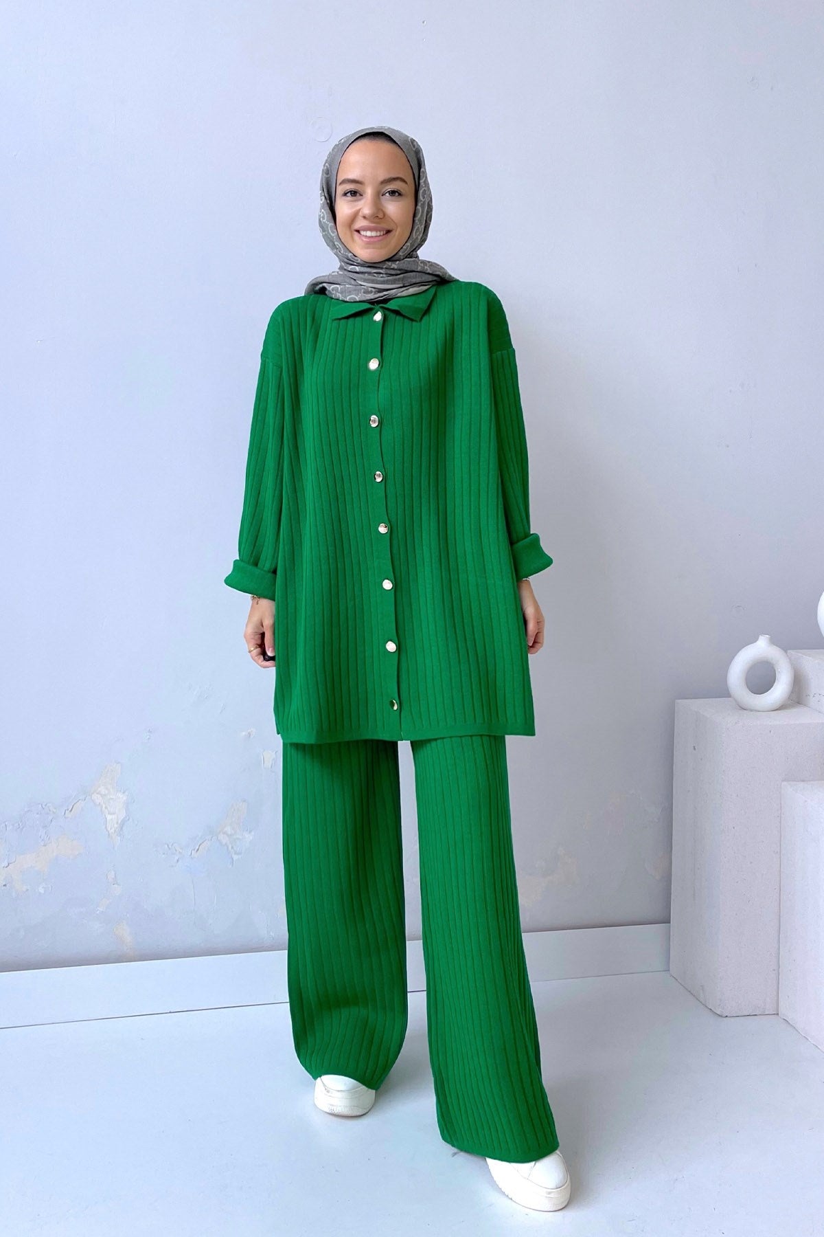 Shirt Collar Ribbed Woolen Knitwear Suit - Green