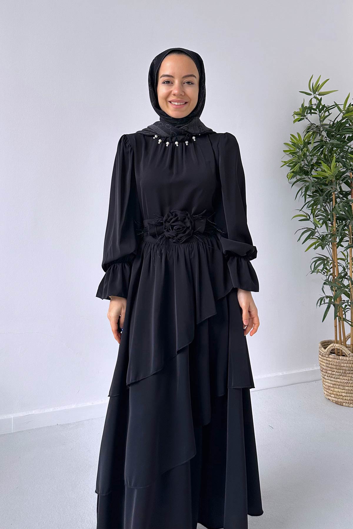 Rose Belt Layered Dress - Black